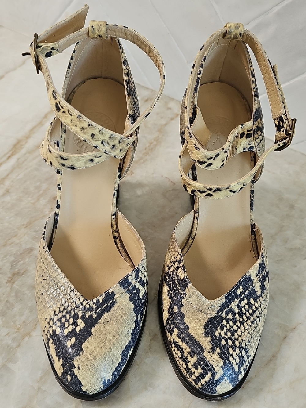 Penelope Chilvers Cream and Black Snake-Print Ankle-Strap Pointed-Toe WedgeHeels